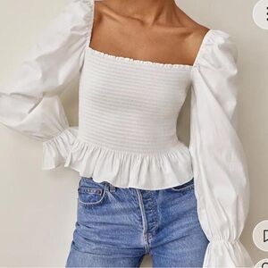 Reformation White Smocked Blouse with Bishop Sleeves